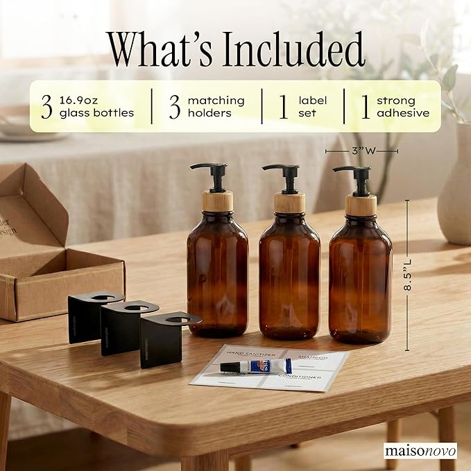 Shampoo and Conditioner Dispenser Wall Mounted Set of 3 Amber Bamboo - No Drill Shower Soap Dispenser for Bathroom Refillable - Spa Hotel Style Accessories by MaisoNovo