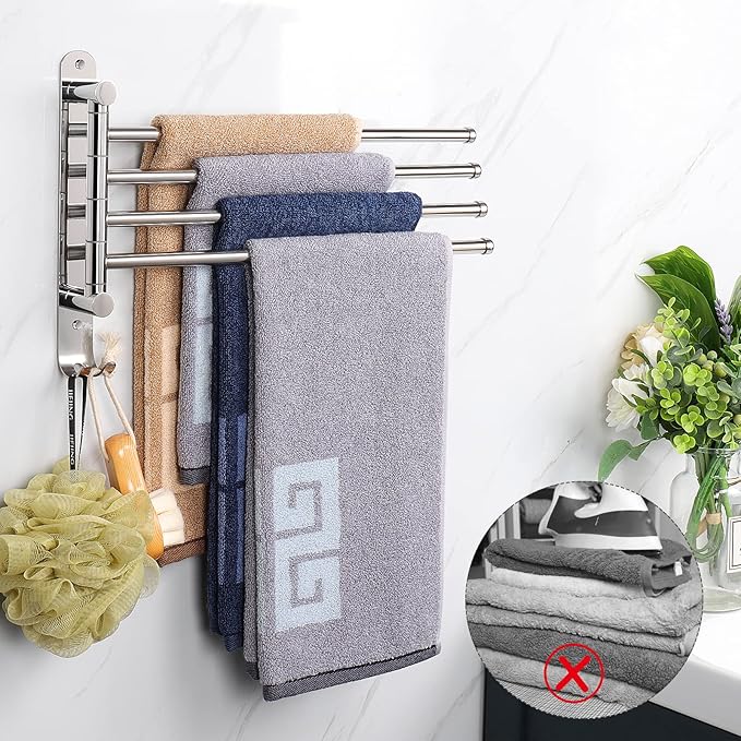 NearMoon Swivel Towel Rack, 13.8" Thicken 304 Stainless Steel 4-Arm Towel Bar, Space Saving Wall Mounted Towel Holder with Hook, Rustproof Swing Out Towel Hanger for Bathroom, Kitchen (Chrome Finish)