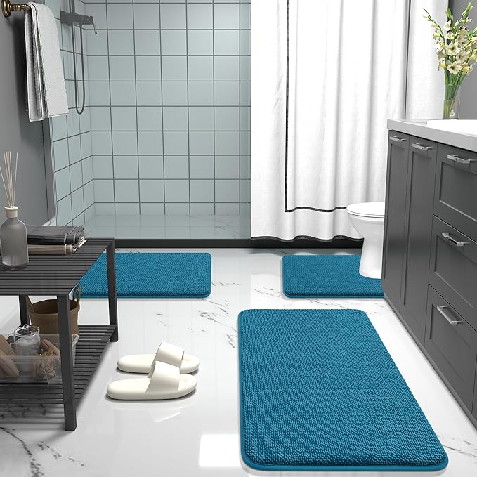 OLANLY Thick Memory Foam Bath Mat Rug 59x24, Extra Soft Absorbent Bathroom Rug, Quick Dry Bath Mat, Non-Slip, Machine Washable Carpet for Bathroom, Tub and Shower, Home Decor Accessories, Peacock Blue