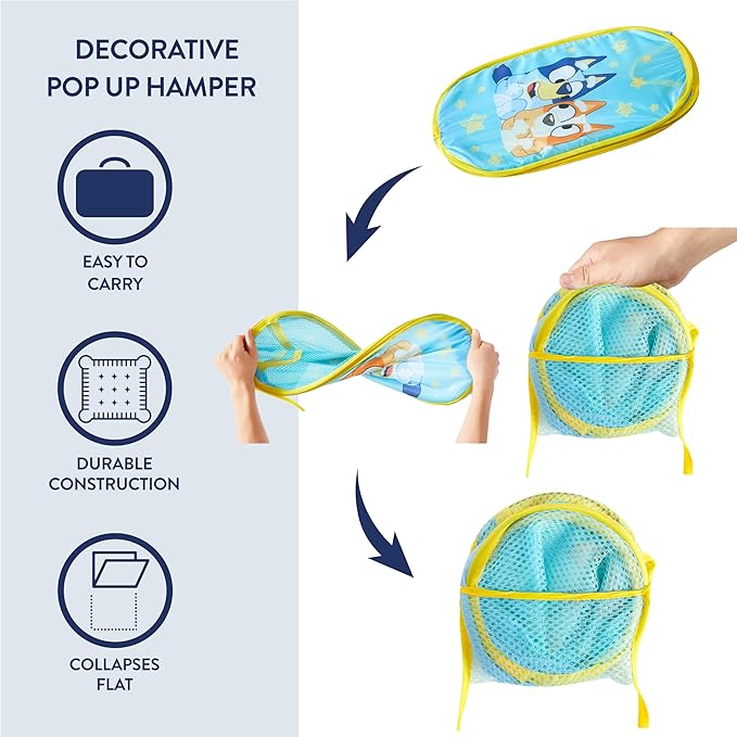 Bluey Pop-Up Hamper with Carry Handles ?€? 21" x 13.5", Bluey and Bingo Design, Lightweight & Collapsible Laundry Basket for Kids?€? Bedroom, Bathroom, or Playroom
