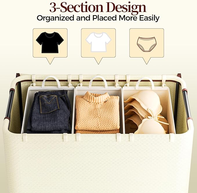LAMU 160L Laundry Basket with Wheels, Rolling Laundry hamper with Lid and 3 Removable Laundry Bag, Beige Large Capacity 3 Section Dirty Clothes Hampers for Laundry Room, Bedroom, Bathroom, Dorm