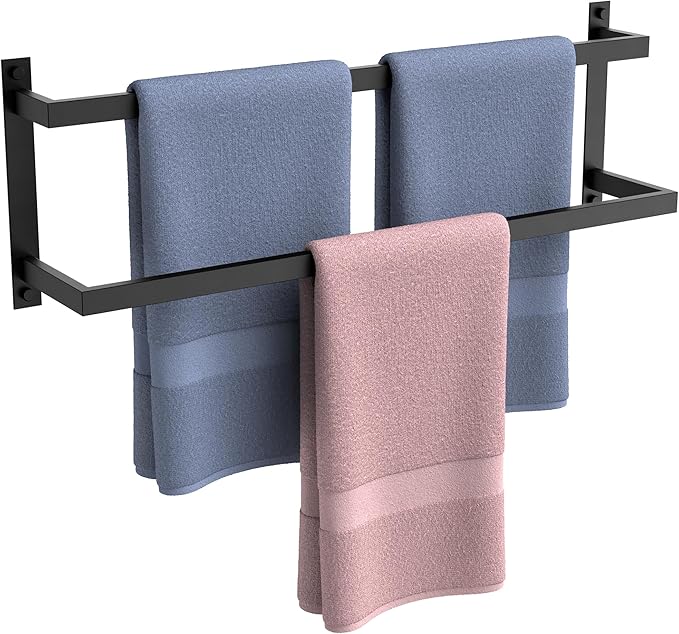 FORIOUS Double Towel Rack, 24 Inch Towel Racks for Bathroom Wall Mounted, Heavy-Duty SUS304 Stainless Steel Towel Bar, 2-Tier Design Heavy Duty Towel Rack, Matte Black