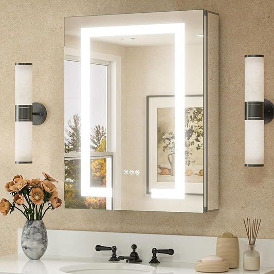 TETOTE LED Lighted Medicine Cabinet Mirror for Bathroom 20 x 26 Tempered Glass Recessed or Wall Mounted Cabinet with Storage & Outlets & USB, 3-Color Dimming Led Lights, Defogger, Adjustable Shelve