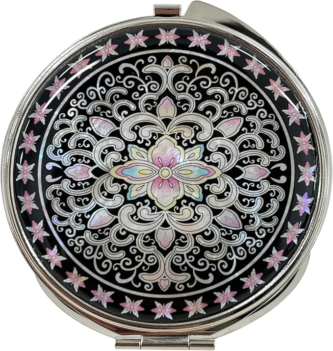 Portable Makeup Compact Double Magnifying Mirror Cosmestic Foldable Pocket Style Unique Mother of Pearl Design (Arabesque)