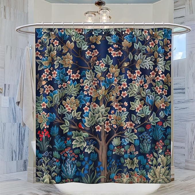 William Morris Floral Shower Curtain,Watercolor Vintage Flower Art Style Shower Curtain Set 66"×72" Inch