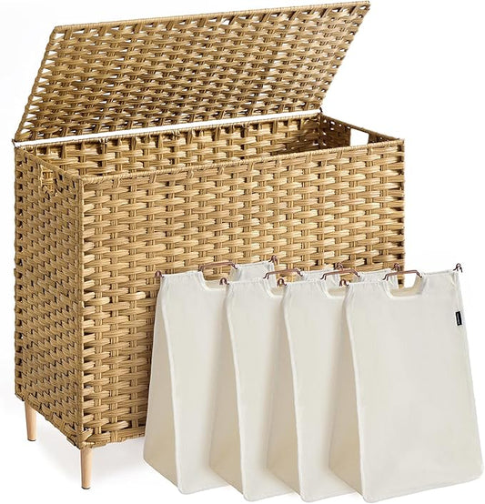SONGMICS 4-Section Laundry Hamper with Lid, 55.4 Gal (210L) PE Rattan Laundry Basket with Removable Washable Liners, for Bedroom & Living Room, Goose Yellow ULCB224YE01