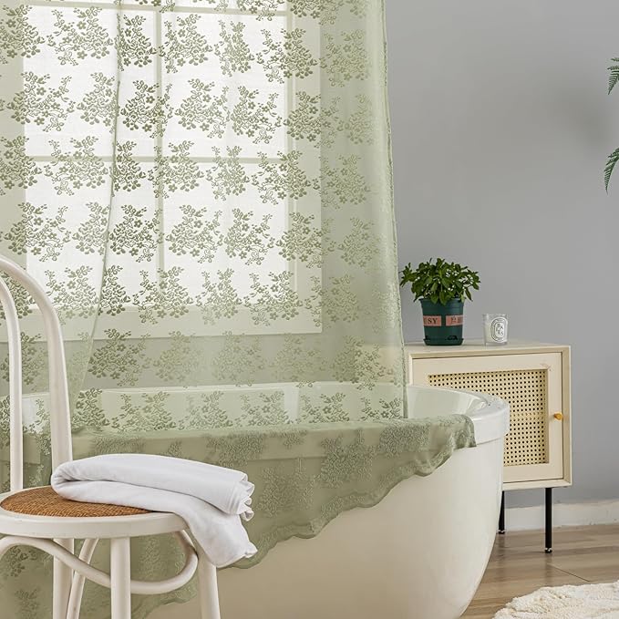 YJ YANJUN Boho 72x84 inch Shower Curtain Sage Green Lace Long Shower Cutain 84 Length Fancy See Through Shower Curtain 9 Foot Farmhouse Vintage Country Spring Summer Bathroom Décor 72" x 84"