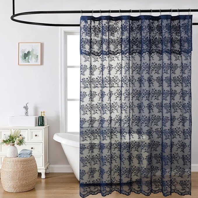 YJ YANJUN Navy Blue Shower Curtain with Attached Valance Vintage Floral Lace Shower Curtain for Bathroom Boho Feminine Scallop Edge Bathroom Curtains 1 Panel, 72 x 72 Inch Navy