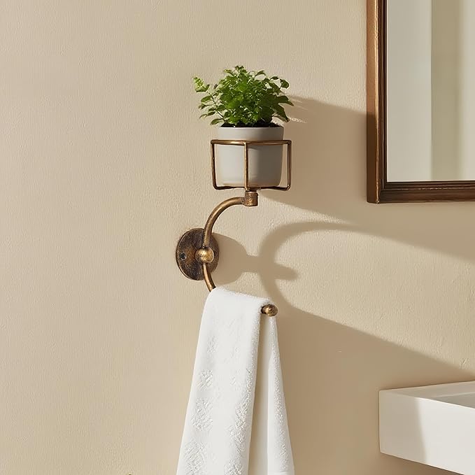C-Shaped Towel Ring with Top Storage Basket – Unique Space-Saving Wall Mount Holder for Towels, Candles, Plants & Toiletries, Decorative Metal Accent for Bathroom or Kitchen