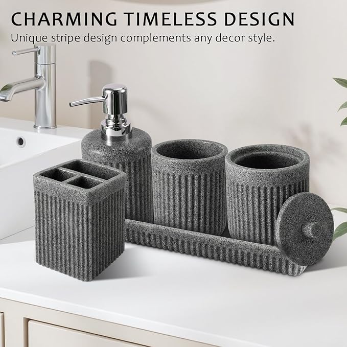 XLHOMO 8-Piece Grey Bathroom Sets with Shower Curtain and Rugs, Resin Bathroom Accessories Sets Complete with Soap Dispenser, Toothbrush Holder, Tumbler & Apothecary Jars Bathroom Essentials
