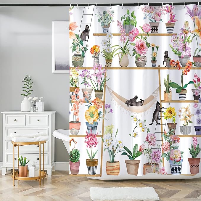 HMS Happy Memories Bohemian Plant Boho Floral Print Shower Curtain, Polyester Fabric Cloth for Bathroom Decor 72×72 Inch Standard Size with 12 Hooks, Also as Room Divider (Color 5)