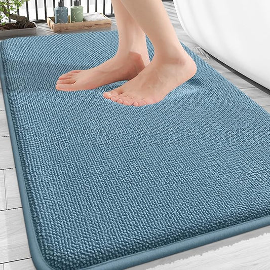 OLANLY Thick Memory Foam Bath Mat Rug 34x21, Extra Soft Absorbent Bathroom Rug, Quick Dry Bath Mats, Non-Slip, Machine Washable Carpet for Bathroom, Tub and Shower, Home Decor Accessories, Airy Blue