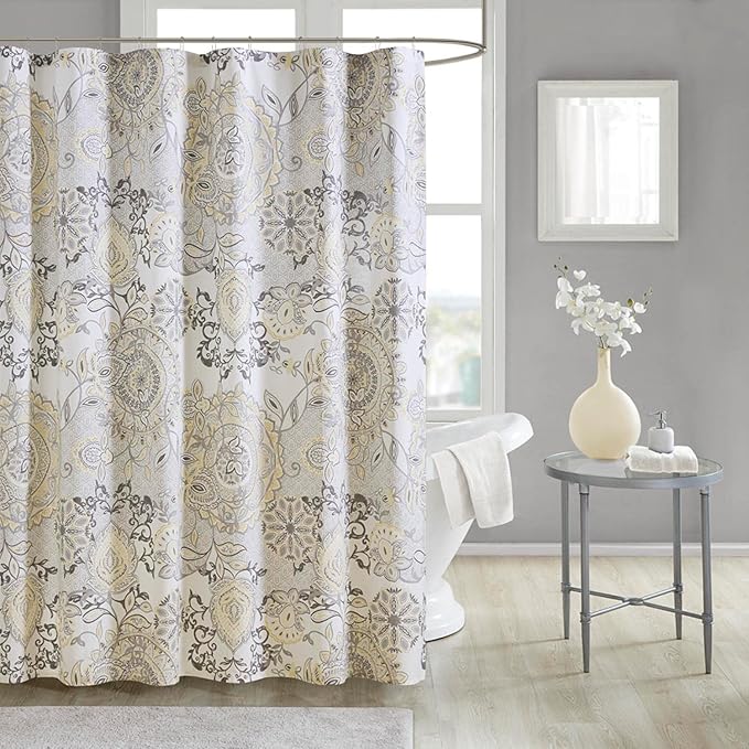 Madison Park Isla 100% Cotton Percale Shower Curtain, Floral Medallion Boho Printed Watercolor Cute Modern Home Bathroom Decor, Bathtub Privacy Screen, 72" x 72", Yellow