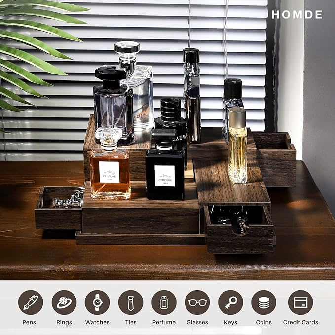 Homde Cologne Organizer - 4 Tier Perfume Display Tray with Hidden Drawers - Perfect for Men Essentials Accessories - A Great Gift for Men