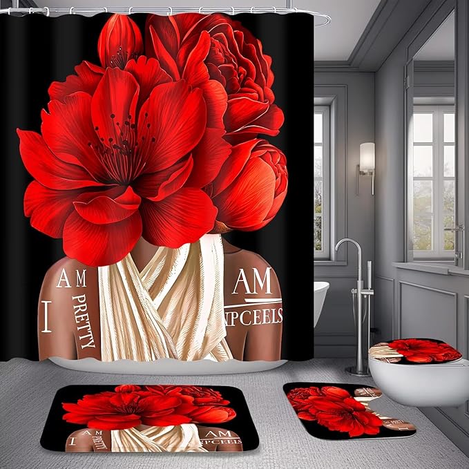 Yddsky 4 Pcs Valentines Red Girl Shower Curtain Sets African American Woman Rose Floral Quotes Non-Slip Rugs Bath Mat Toilet Cover U Shaped Mat Shower Curtain with 12 Hooks Bathroom Set