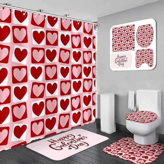 Drydiet 4 Pcs Galentine 's Day Shower Curtain Set, Plaid Heart Curtain Happy Galentine's Day Non Slip Rugs Toilet Lid Cover U Shape Bath Mat and 12 Hooks Bathroom Supplies for Home Decor