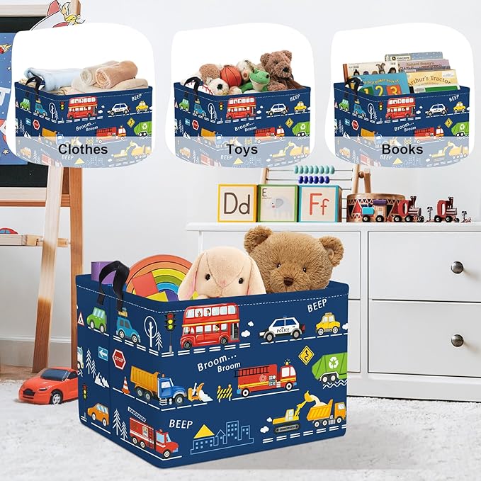 Cars Laundry Hamper Cartoon Vehicle Large Storage Basket Collapsible Parents Organizer Boy Toy Clothes Bins for Bedroom, Bathroom, City Bus, 36L