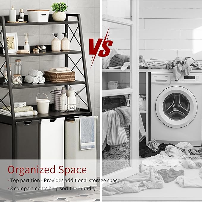 Herture Laundry Basket, 3 Section Laundry Hamper with 4 Tiers Shelf, Pull-Out and Removable Laundry Bags, Large 3 x 15.87 Gallons, for Laundry Room Bathroom Black PF05XLK