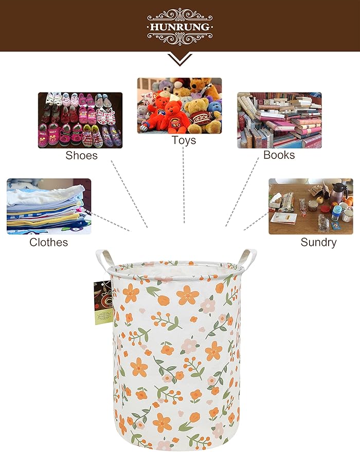 HUNRUNG Laundry Hamper,Large Canvas Fabric Lightweight Storage Basket Toy Organizer Dirty Clothes Collapsible Waterproof for College Dorms???Round-Orange Flower???
