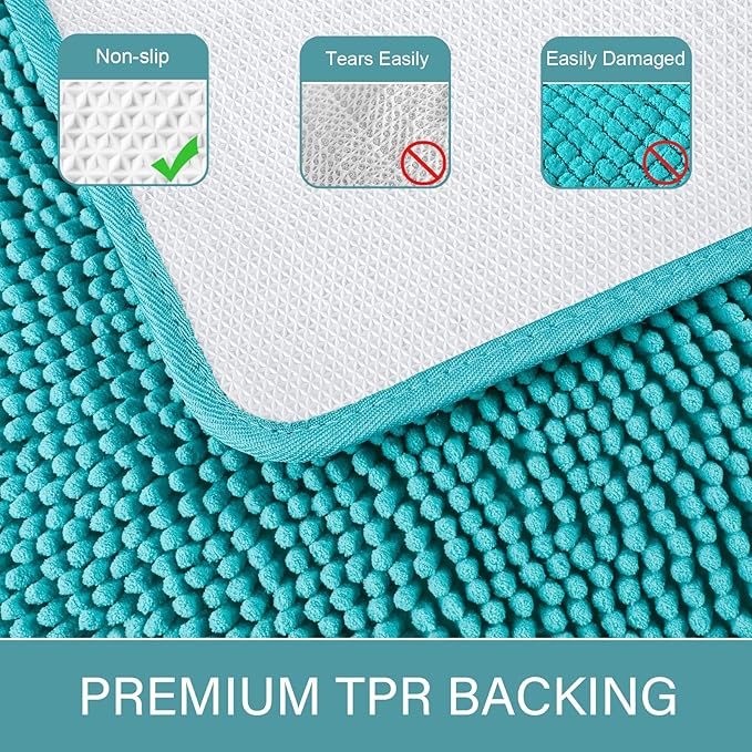 LOCHAS Luxury Bathroom Rug Shaggy Bath Mat 20 x 30 Inch, Washable Non Slip Bath Rugs for Bathroom Shower, Soft Plush Chenille Absorbent Carpets Mats, Teal Blue