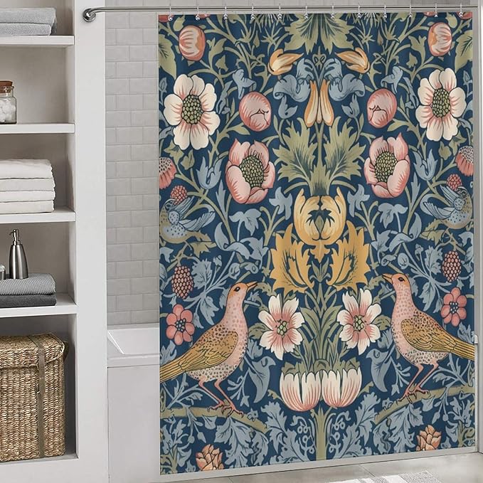 William Morris Shower Curtain,Original Design Vintage Flower Birds Elegant Animal Pattern Print Shower Curtains Sets Polyester Waterproof Fabric Decor Bathroom Curtain 66"×72" Inch With 12 Hooks