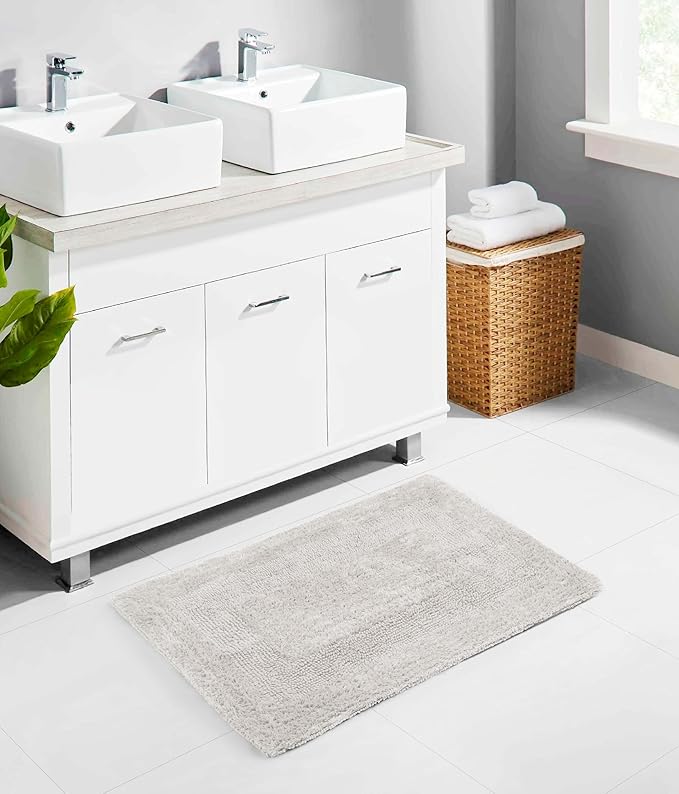 COTTON CRAFT Luxurious Bath Mat Rug - Set of 2 Reversible Heavyweight Step Out Bath Mats for Bathroom Floor, Tub and Shower - Pure Cotton Soft Plush Absorbent Tufted Racetrack Mat - 17 x 24 - Platinum