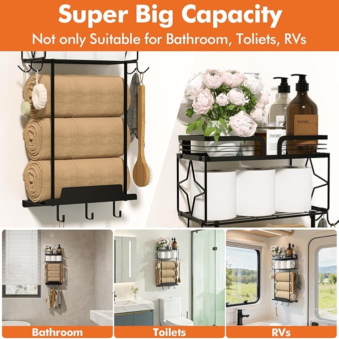 Towel Racks for Bathroom 23.8 Inch Wall Mounted Towel Rack with Shelf, Small Bathroom Towel Storage Holds 3–6 Large Rolled Towels, Metal Wall Towel Rack, Black