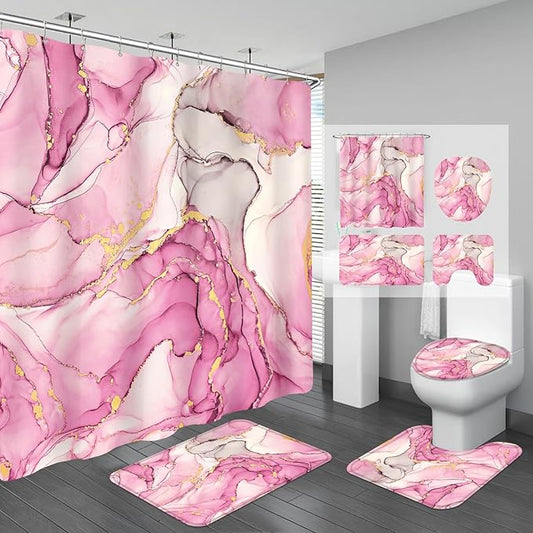 4PCS Pink Gold Marble Bathroom Sets with Shower Curtain and Rugs, Hot Pink Shower Curtain Sets with Rugs, Modern Bathroom Curtains Shower Set with Toilet Lid Cover