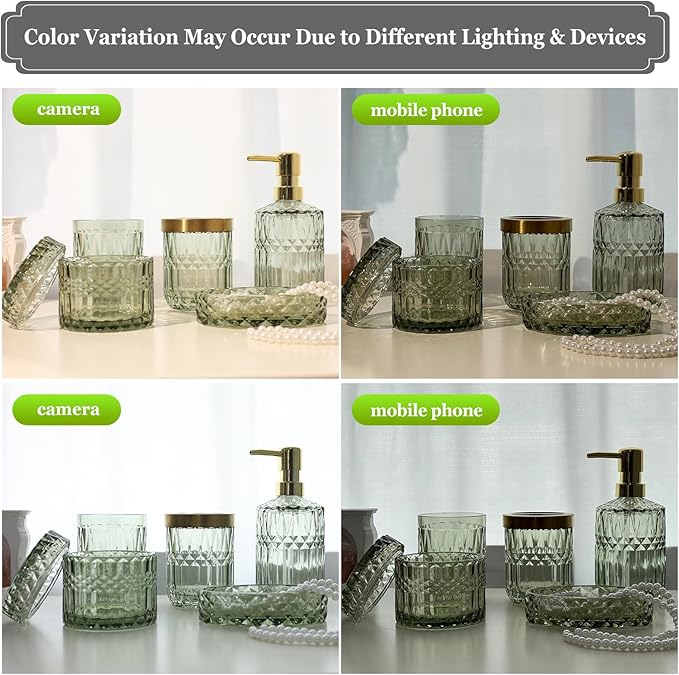 QIQU Green Glass Bathroom Accessories Set 5 Pcs, Green Bathroom Set, Soap Dispenser and Toothbrush Holder Set, Qtip Holder Set, Vintage Bathroom Sink Set, Cute Bathroom Decor