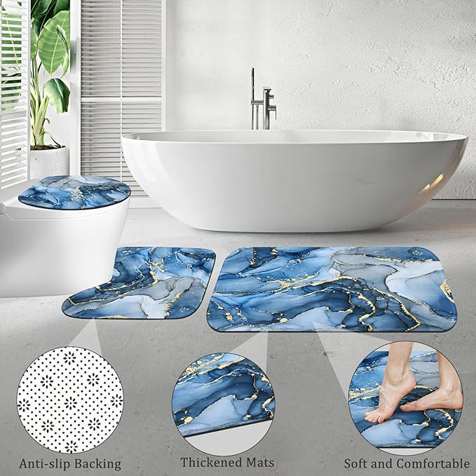 4PCS Blue Gold Marble Shower Curtain Sets with Rugs, Abstract Bathroom Sets with Shower Curtain and Rugs, Modern Bathroom Curtains Shower Set with Toilet Lid Cover for Luxury Bathroom Decor