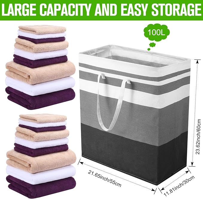 Eccliy 4 Pcs 100 L Large Laundry Basket Waterproof Freestanding Hamper Clothes Hamper Collapsible Laundry Baskets with Extended Handles for Clothes Towels Dorm (Gradient Grey)