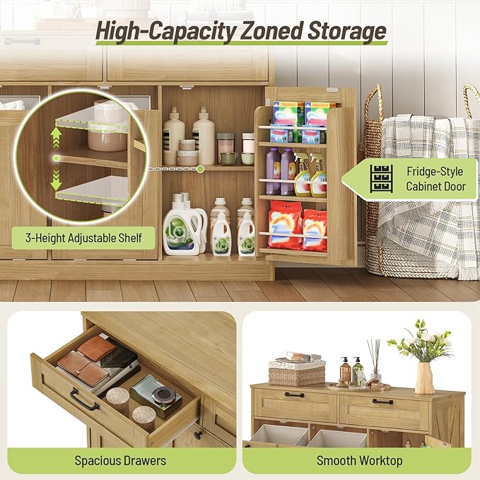 Double Tilt Out Laundry Hamper Cabinet, 43.3" Laundry Cabinet with 2 Removable Baskets, Farmhouse Wooden Hidden Trash Bin Cabinet with Open Shelving, for Bathroom, Natural