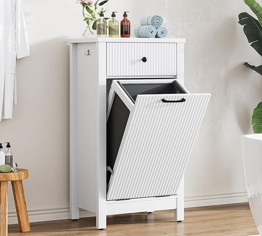 Airynee Tilt-Out Laundry Hamper Cabinet with Drawer, 10 Gallon Fluted Trash Can Cabinet with Laundry Basket, Hidden Wood Garbage Can Bin Cabinets for Bathroom & Kitchen, White