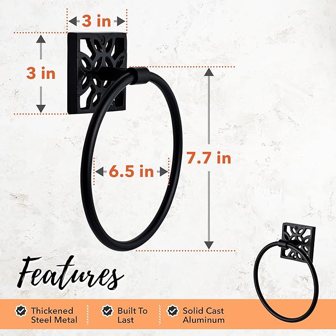 Autumn Alley Bathroom Towel Ring, Matte Black Hand Towel Holder - Modern Hand Towel Holder Wall Mount for Bathroom and Kitchen, Modern Black Bathroom Accessories, Decorative
