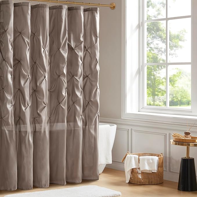 Madison Park Laurel Semi-Sheer Taupe Shower Curtain – Lightweight Faux Silk Fabric, 72x72 in, Light Filtering, Modern Style Bathroom Curtain Textured Tufting Detail Modern Mid-Century Bathroom Decor