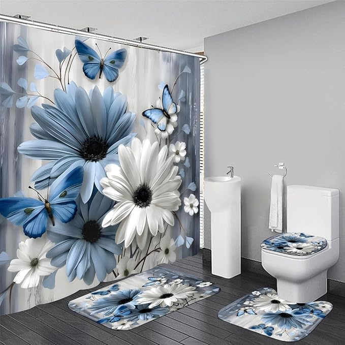 AZHM 4PCS Daisy Shower Curtain Sets with Rugs Blue and White Floral with Butterfly Bathroom Decor Set with Rugs and Accessories Farmhouse Country Shower Curtains for Bathroom