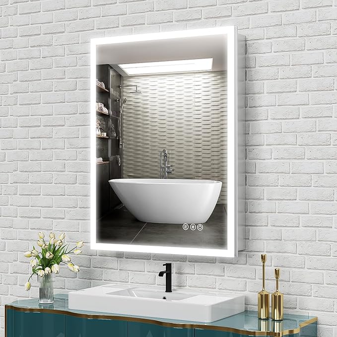 24" x 32" LED Medicine Cabinet for Bathroom, Lighted Mirror with 3-Color Lights, Defogger, Stepless Dimming, Large Storage, Door Left Hinge