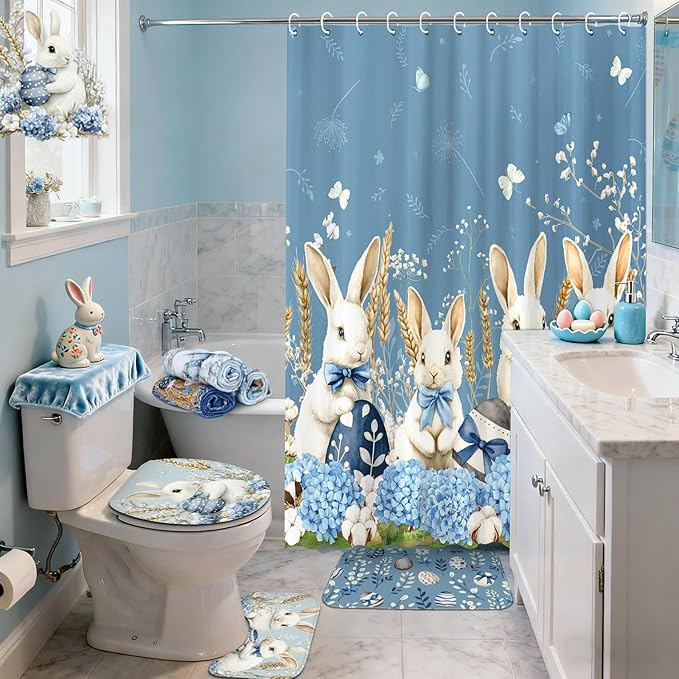 FuWeave 8 Pcs Easter Shower Curtain Set for Bathroom Decor Include Spring Floral Blue Bunny Egg Shower Curtain Hydrangea Towels Non Slip Rugs Toilet Lid Cover Bath Mat and 12 Hooks for Bathroom Decor