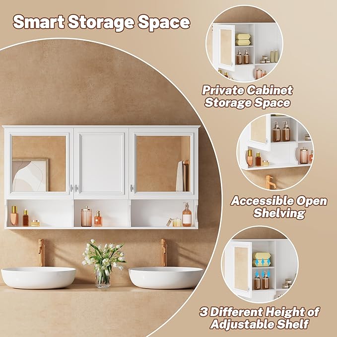 Merax Bathroom Wall Cabinet with Mirror, Wall Mounted Medicine Cabinet with Adjustable Shelves and Open Spaces, 55" x 28" Mirrored Door Over The Toilet Bathroom Storage Cabinet