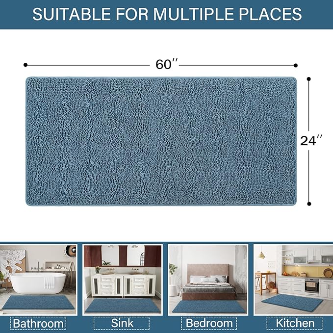 LOCHAS Luxury Bathroom Rug Shaggy Bath Mat 24 x 60 Inch, Washable Non Slip Bath Rugs for Bathroom Shower, Soft Plush Chenille Absorbent Carpets Mats, Denim Blue