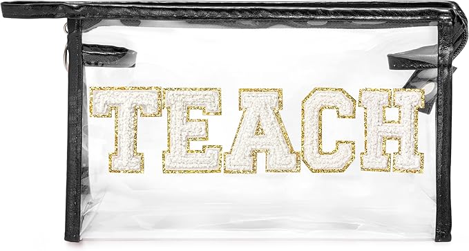 CY2SIDE TEACH Clear Makeup Bag - White TEACH Letter Patch Cosmetic Bag with Handle for Travel PVC Zipper Clear Toiletries Waterproof Portable Travel Organizer Teacher Appreciation Gifts, Black