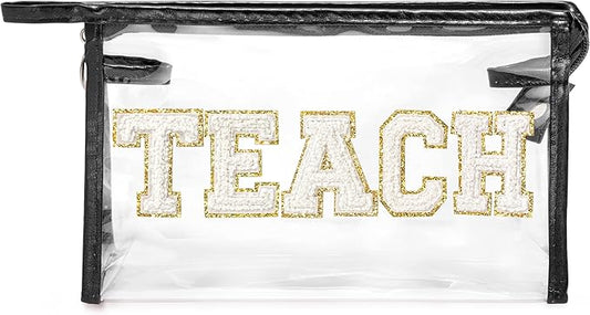 CY2SIDE TEACH Clear Makeup Bag - White TEACH Letter Patch Cosmetic Bag with Handle for Travel PVC Zipper Clear Toiletries Waterproof Portable Travel Organizer Teacher Appreciation Gifts, Black