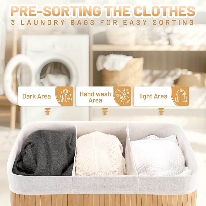 Aliphon 150L Laundry Hamper with lid, 3-Section Clothes Laundry Basket with Handles, Large Collapsible Bamboo Baskets for Bedroom, Bathroom, Dorm, Natural Beige