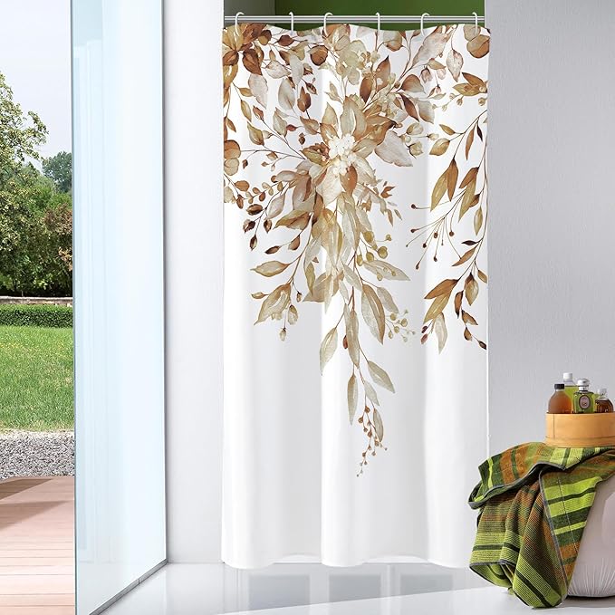 Gibelle Small Stall Shower Curtain 36 x 72, Narrow Brown Floral Shower Curtain for Bathroom, Watercolor Plant Eucalyptus Leaves Fabric Shower Curtain Set