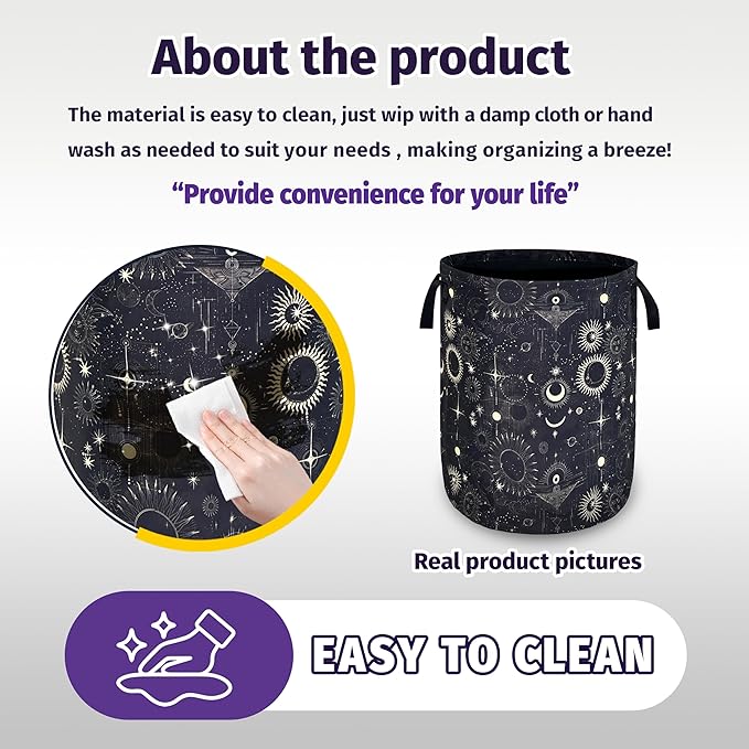 Gothic Sun Moon Stars Laundry Basket Foldable Oxford Cloth With Handle Portable Colorful Storage Basket Organizer Suitable For Laundry Room/Bedroom/Living Room/Children'S Room (18.9 X 16.5 Inch)