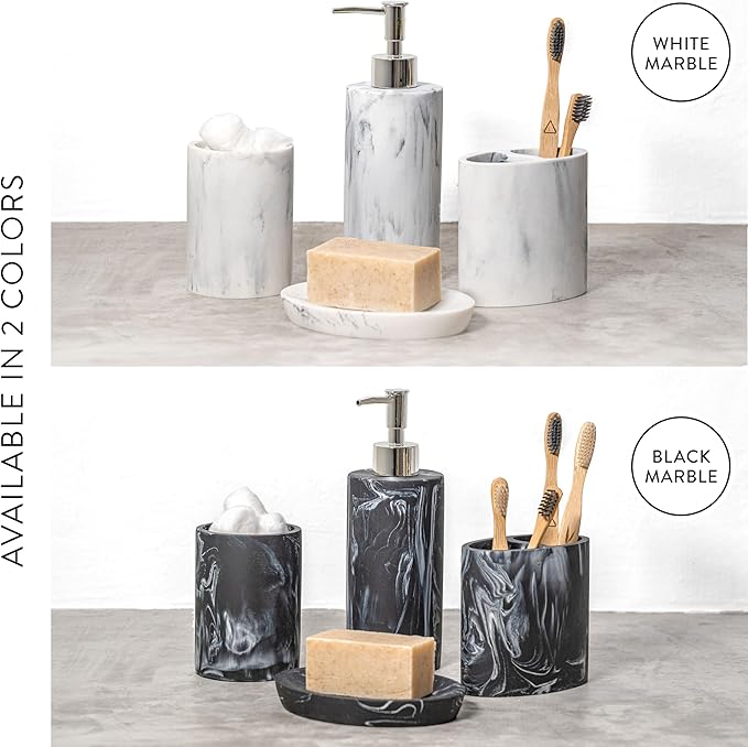 ZCCZ Bathroom Accessory Set, 4 Pcs Marble Look Bathroom Vanity Countertop Bathroom Décor Sets Accessories with Soap Dispenser, Toothbrush Holder Set, Tumbler, Soap Dish (White Marble Look Rounded)