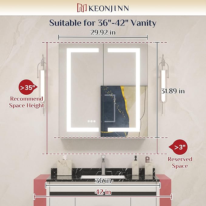 Keonjinn 30 x 32 Lighted Medicine Cabinet with Defogger and Outlets, Medicine Cabinet with Lights 3 Colors Dimmable with Adjustable Shelves Tempered Glass Surface or Recessed Mount Mirror with Storage