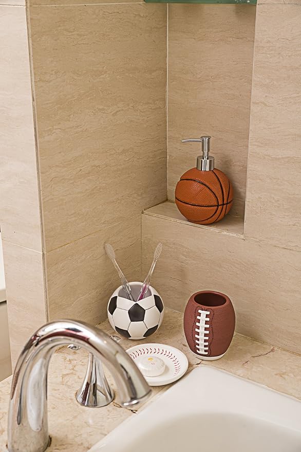 4-Piece Sports Bathroom Accessories Set Complete with Basketball Lotion/Soap Dispenser,Soccer Bath Cup/Tumbler,Base Ball Soap Dish,Football Toothbrush Holder