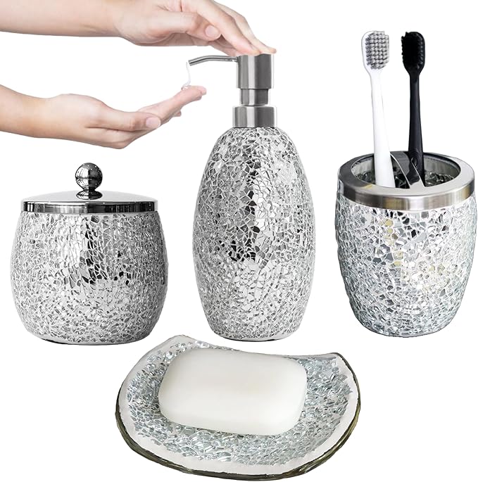 Escenzy Modern Silver Bathroom Accessories Sets 4 Pcs | Luxurious Soap Dispenser, Toothbrush Holder, Cotton Glass Jar, Soap Tray | Silver Bathroom Decor | Mosaic Glass Bathroom Accessories