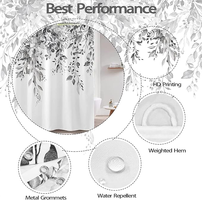 kampdream Grey and White Eucalyptus Plant Shower Curtain, Watercolor Leaves On The Top Botanical Bathroom Curtain 72 ×72 Inch